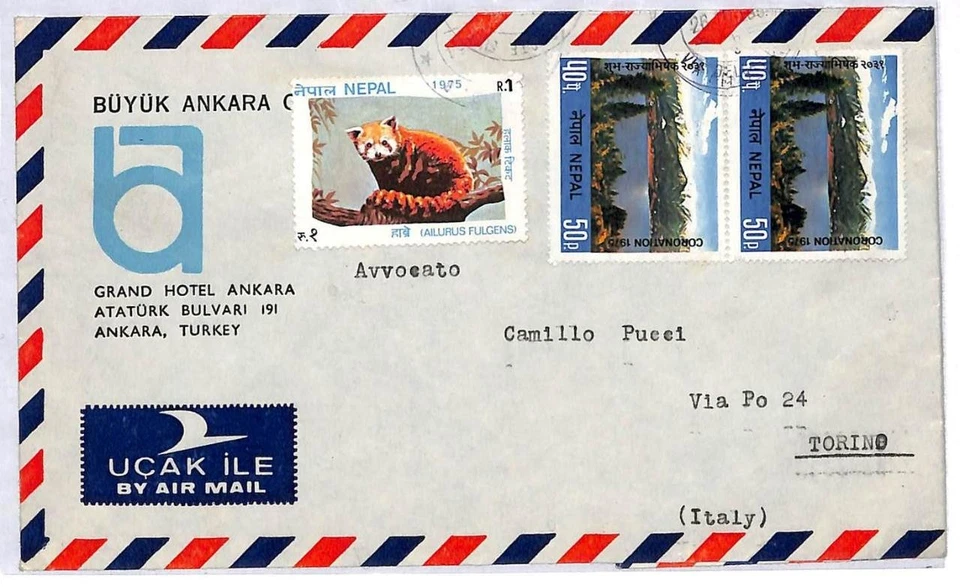 ai1944 - NEPAL - Historia Postal - CUBIERTA DE CORREO AÉREO del hotel a ITALIA 1975 Red Panda Foto 1 de 1