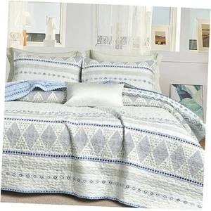 Geometric Cotton Quilt 3Pcs, Reversible Blue Bohemian Geometric Pattern on - Picture 1 of 8