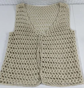 VINTAGE Crochet Knit Vest Boho Hippie Beige Open Weave Tie Front Handmade - Picture 1 of 10