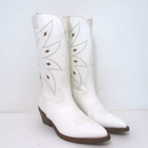Partlow Abigail 55 Metallic-Embroidered Cowboy Boots White Leather Size 39 - Picture 1 of 19