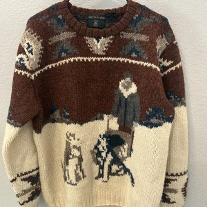 Vtg Wool Chunky Hand Knit Sweater Ski Winter Dog Sled Tribal Native Husky Large - Picture 1 of 11