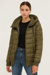 Donna Karan NY Mujer’s Bombardero Militar Verde Edredón Puffer Chaqueta Capucha Forrada XL - Imagen 1 de 15