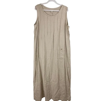 复古 J. Jill 米色 100% 亚麻无袖 MIDI 连衣裙 女式 XL 90 年代 MOM JUMPER — 第 1/4 张图片