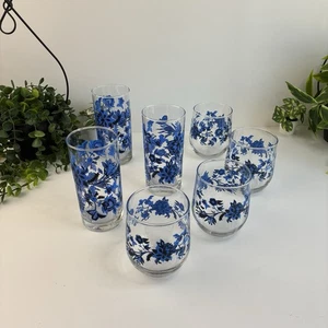 Libbey Glass Tumblers Royal Norfolk Blue Black Flowers Floral Vintage Set 7 - Picture 1 of 12