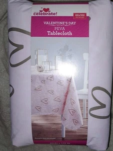 Valentines Day Love Vinyl Tablecloth Woven Backed PEVA Pink Hearts 60 X 102 - Picture 1 of 1