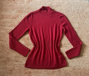 Women’s FWM 100% merino wool red mock neck sweater L fitted ribbed cuffs UK - Picture 1 of 6