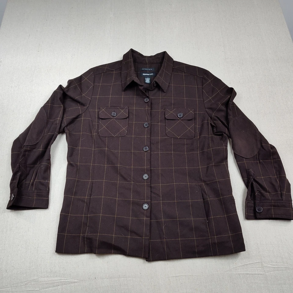 NORTON STUDIO Mujer Marrón Tostado Franela Cuadros Botón Camisa Chaqueta Elástica Talla 16 Foto 1 de 4