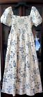 Nwt J Gee Ivory Blue Floral Smocked Tiered Short Puff Slv Peasant Dress Pm, Pxl