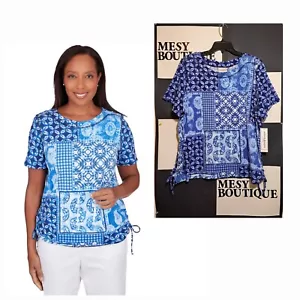 Alfred Dunner Plus Womens Patchwork Ikat T-Shirt With Side Ruching Blue Sz 2X - Picture 1 of 9