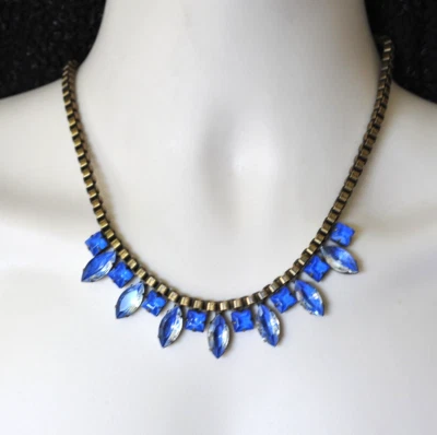 Loren Hope 黄铜色调蓝色透明斑点闪耀声明项链 复古风格 BB — 第 1/4 张图片