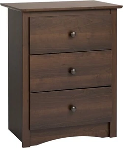 Espresso Brown Wooden 3 Drawer Nightstand Tall Bedside Table End Side Storage - Picture 1 of 5