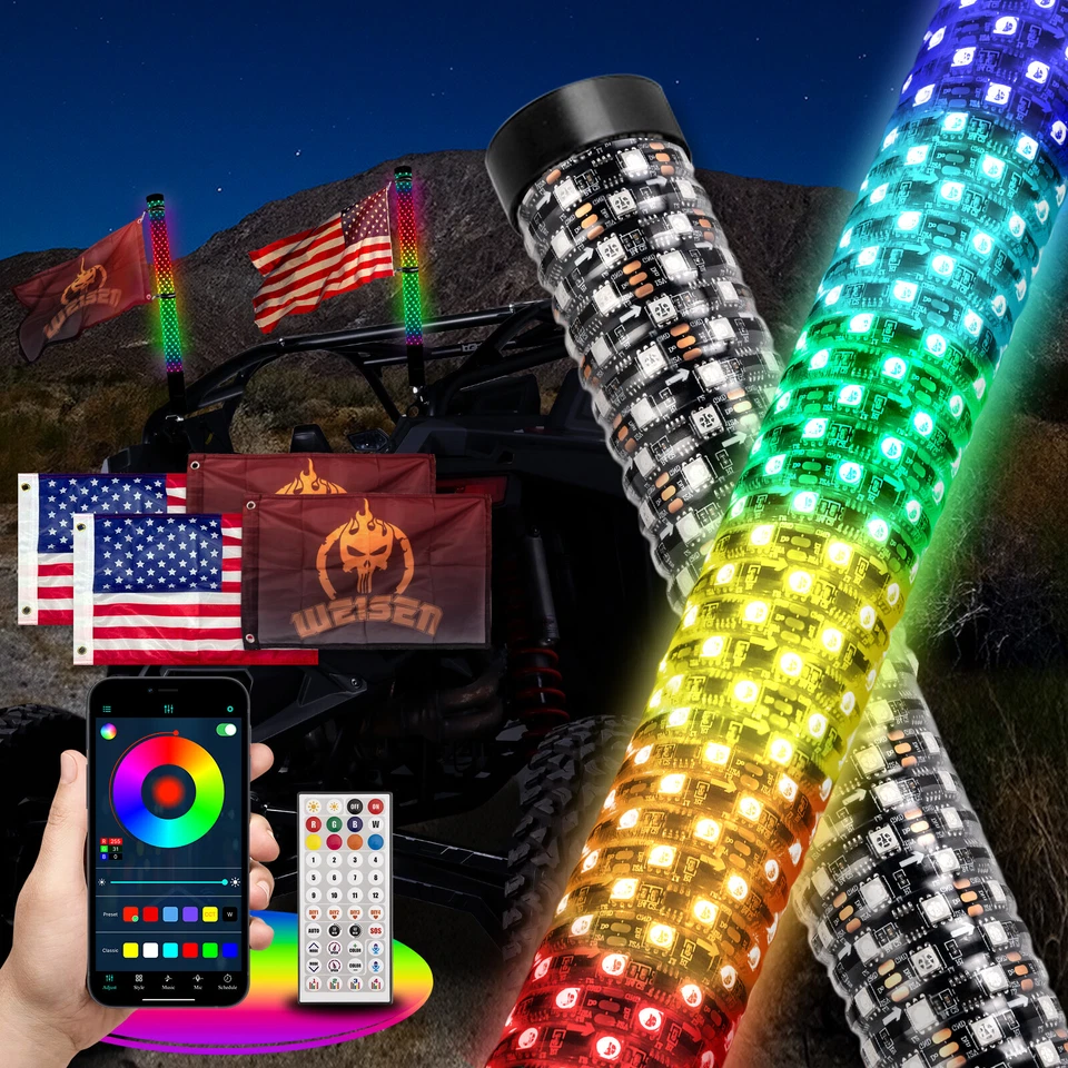 Pair 2FT Spiral LED Fat Whip Light Antenna RGB Chasing For Can-am X3 RZR UTV ATV - Image 1 of 4