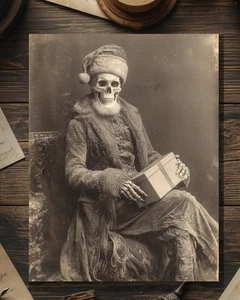Vintage Victorian Skeleton Santa Christmas Card Gothic Creepy Gothmas 5x7 Blank - Picture 1 of 4