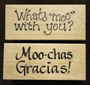 2 Wood Mounted Rubber Stamps "What's Moo With You?" & "Moo-chas Gracias!" - Picture 1 of 2