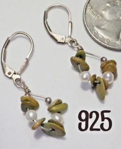 Vtg 925 Sterling Silver Jade & Pearl Loop Dangle Leverback Earrings 1" FREE SHIP - Picture 1 of 2
