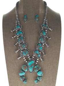 Natural Bisbee Turquoise Squash Blossom Necklace With Matching Earrings - Picture 1 of 5