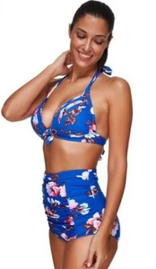 Joymode Bikini High Waist Halter Push Up Top Blue Floral Bathing Suit Retro NWT - Picture 1 of 5
