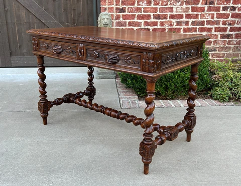 Antique French Desk Table Renaissance Revival Barley Twist Carved Oak 2 Drawers Cover