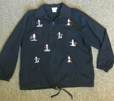 Chaqueta De Colección Bon Worth Mujer Mediana Negra Bordada Faro Cremallera Náutica Foto 1 de 4