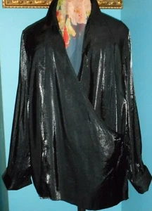 22W Black Frosted Satin Blouse French Cuff Surplice Wrap & Silk Scarf NWOT - Picture 1 of 8