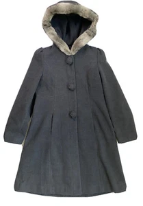 Rothschild Coat Womens 14 Grey Winter Dress Faux Fur Hood Rose Buttons Puff Slvs - Picture 1 of 8