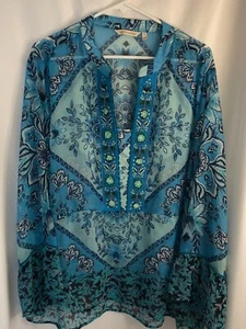 Top túnica azul Soft Surroundings talla 2x adornado bordado India transparente - Imagen 1 de 4