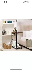 C Shaped Side Table End Table Adjustable with Charging Station & Bottom Basket - Picture 1 of 9