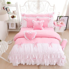 100% Cotton Pink Bow Ruffles Bedding Set Luxury Korean Set Duvet Cover Bed Skirt
