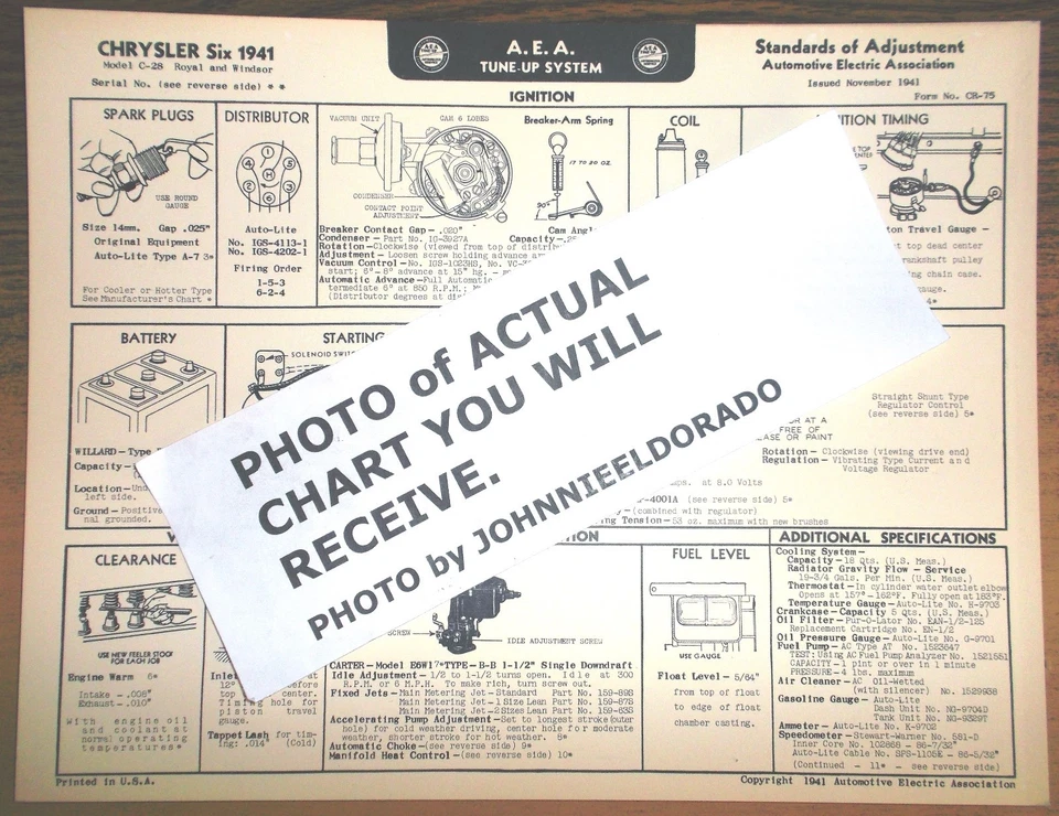 1941 年克莱斯勒 SIX 系列 C-28 Royal & Windsor 型号 AEA 调整图表最后 1 个!   — 第 1/1 张图片