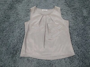 Kasper Top Womens Large Beige Polyester Satin Tank Pleated Round Neck Flowy - Picture 1 of 9
