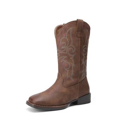 女士牛仔靴刺绣方头中筒狂野西部靴 — 第 1/4 张图片