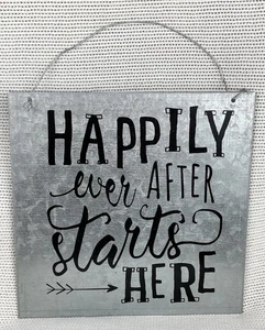 Hobby Lobby "Happily ever after starts here" Metall 8x8 Wandschild - Bild 1 von 3