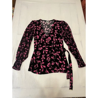 Blusa Anne Klein Envolvente Negra Rosa Floral Manga Larga Corbata Cintura Talla S Foto 1 de 4