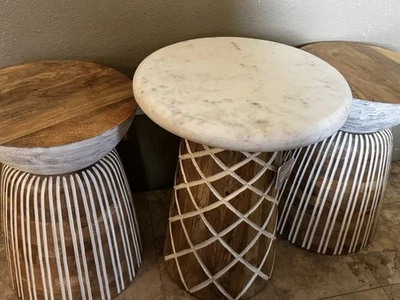 3-Piece Accent Tables 1-18” Table Marble/Wood 2-14” Tables Solid Wood New India - Image 1 of 4