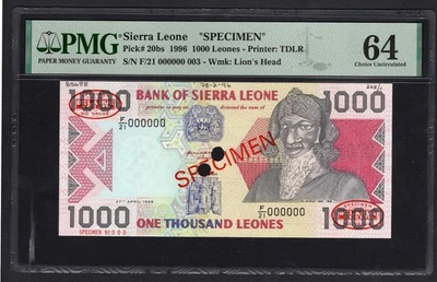 Sierra Leone 1000 Leones 27-4-1996 P20bs "Specimen N.003" UNC Graded 64 Top Pop - Image 1 of 2