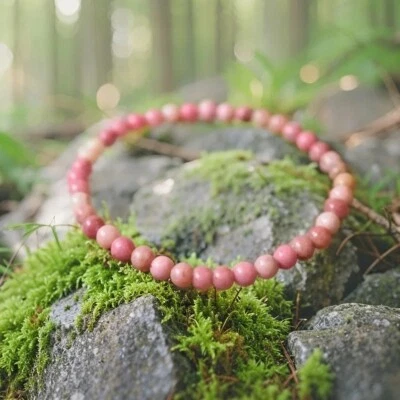 Brazalete elástico de piedras preciosas de cristal rosa con cuentas de piedra de rodonita natural Foto 1 de 4