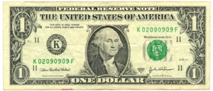 2003A $1 Dallas, TX Federal Reserve Note Fancy S/N K02090909F - Picture 1 of 2