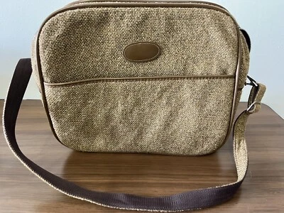 Vintage Carry On Bag Tweed Beige Travel w/ Strap packets Brown Luggage - Image 1 of 4