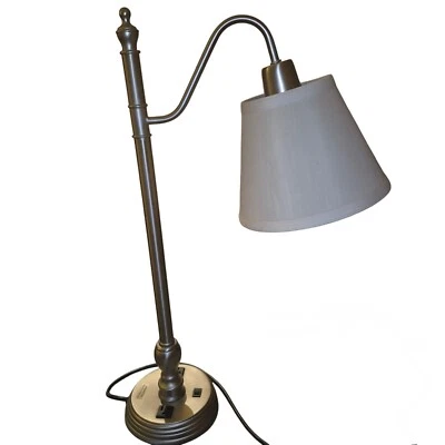 Desk Lamp Downbridge Style 2Outlet Switch On Base Brushed Nickel White LampShade - Image 1 of 4