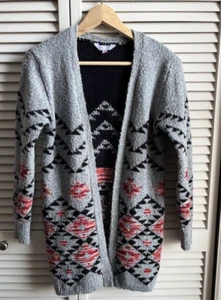 No Boundaries Womens Long Cardigan Sweater Gray Red Aztec Soft Print Size Small - Picture 1 of 9