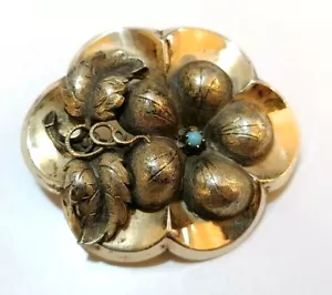 BELLISSIMA GRANDE SPILLA BIEDERMEIER ARGENTO 800 PLACCATO ORO CON TURCHESE c1870 - Foto 1 di 6