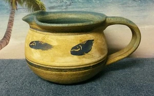 Hand Crafted Ceramic Glazed Pitcher - Blue/Tan/Brown with Etched Fish Design - Picture 1 of 9