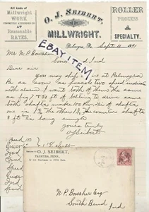 1891 Palmyra Pennsylvania O J SEIBERT MILLWRIGHT Roller Process FLOUR MACHINERY - Picture 1 of 1