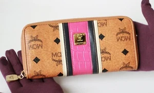 MCM Visetos Cognac Brown Hot Pink Line Zip-around Long Wallet - Picture 1 of 8