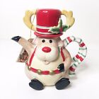 Fitz and Floyd Christmas Reindeer Teapot Lid Cup Striped Handle Snack Therapy