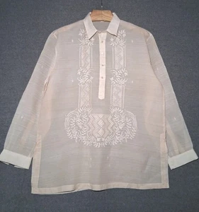 Barong Tagalog Filipino Shirt Mens Size XL Tan Sheer Embroidered Henley Button - Picture 1 of 6