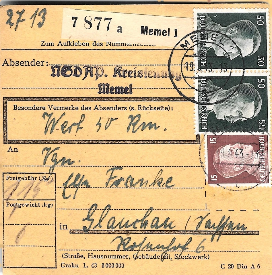 Segunda Guerra Mundial Segunda Guerra Mundial Tercer Reich alemán paquete usado Memel 1943 NSDAP Foto 1 de 1