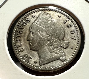 1897  DOMINICAN REPUBLIC SILVER 20 CENTAVOS COIN - Picture 1 of 2