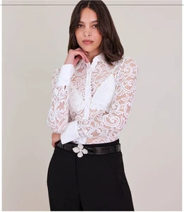Anne Fontaine Paris Lys Stretch Spitze Abstrakt Knopfleiste Bluse Gr 42/10 US - Bild 1 von 12