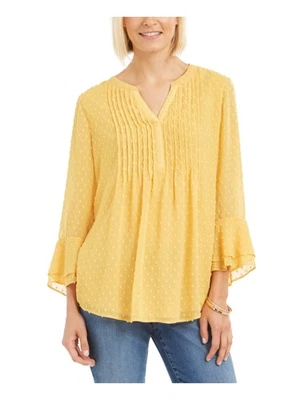 CHARTER CLUB 女式黄色纹理喇叭袖分体上衣小号 PS — 第 1/3 张图片